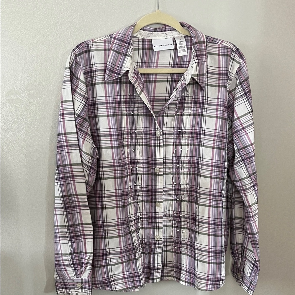 Alfred Dunner woven long sleeve plaid with small pearl accents